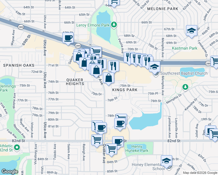 map of restaurants, bars, coffee shops, grocery stores, and more near 7401 Quaker Avenue in Lubbock