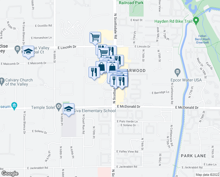 map of restaurants, bars, coffee shops, grocery stores, and more near 6142 North Scottsdale Road in Scottsdale