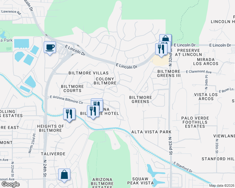 map of restaurants, bars, coffee shops, grocery stores, and more near 6201 North 30th Way in Phoenix