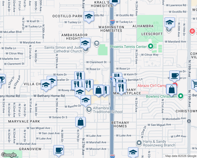 map of restaurants, bars, coffee shops, grocery stores, and more near 2620 West Berridge Lane in Phoenix