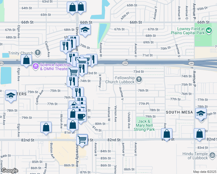 map of restaurants, bars, coffee shops, grocery stores, and more near 7404 Waco Avenue in Lubbock