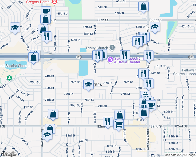 map of restaurants, bars, coffee shops, grocery stores, and more near 2903 74th Place in Lubbock