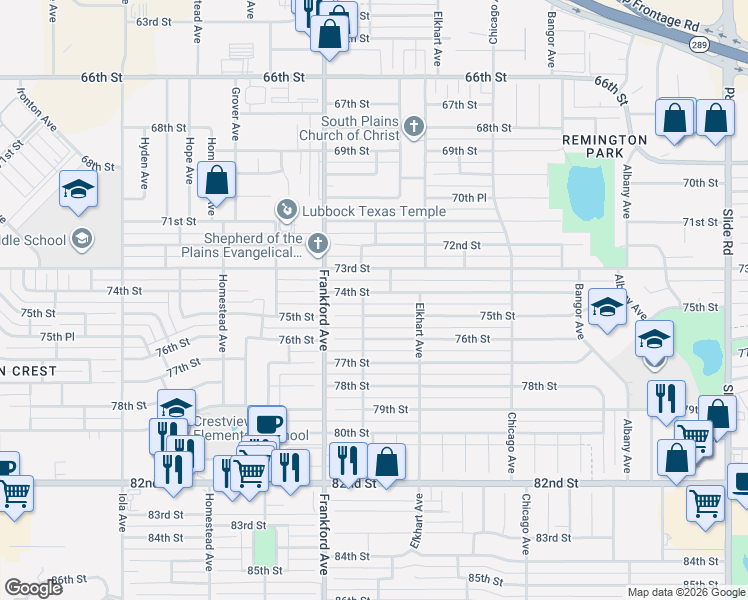 map of restaurants, bars, coffee shops, grocery stores, and more near 5709-5711 74th Street in Lubbock