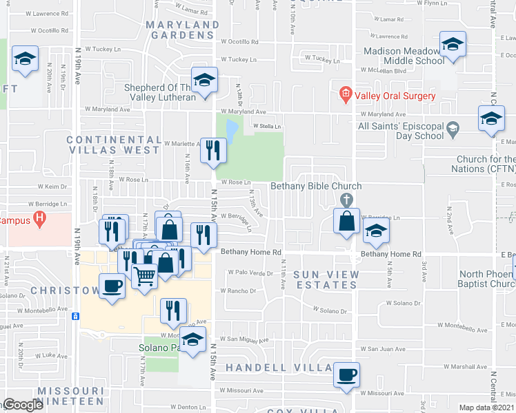 map of restaurants, bars, coffee shops, grocery stores, and more near 6120 North 13th Avenue in Phoenix
