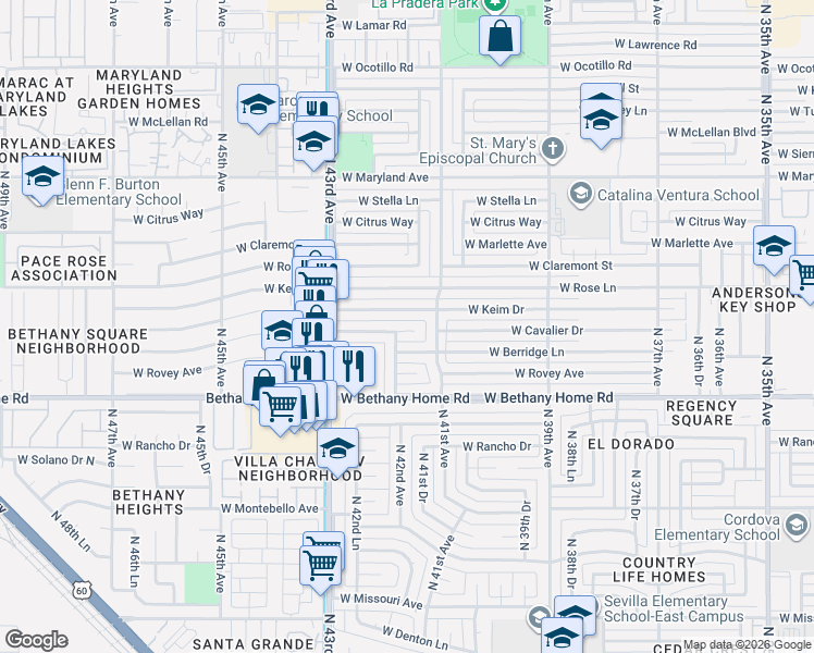map of restaurants, bars, coffee shops, grocery stores, and more near 4201 West Keim Drive in Phoenix