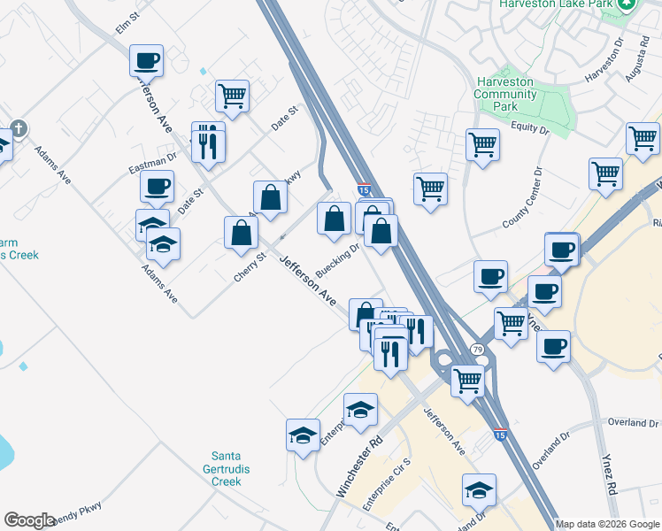 map of restaurants, bars, coffee shops, grocery stores, and more near 41437 Buecking Drive in Temecula