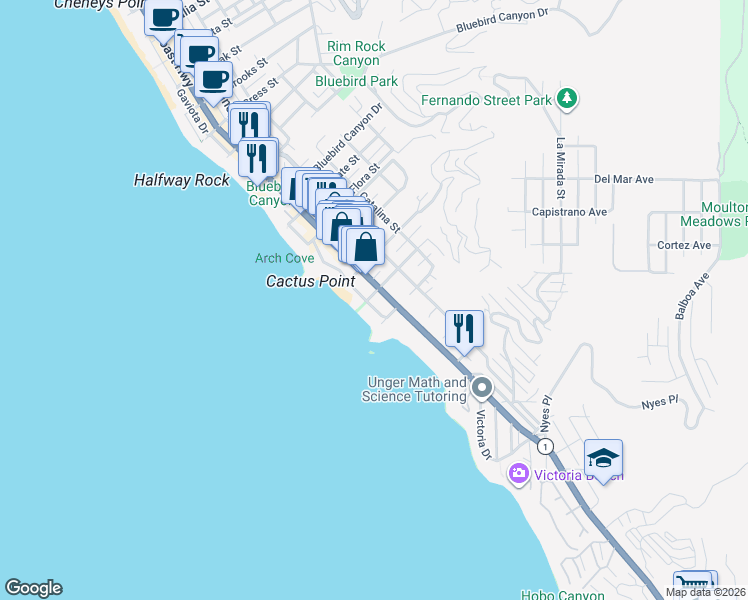 map of restaurants, bars, coffee shops, grocery stores, and more near 2090 Ocean Way in Laguna Beach