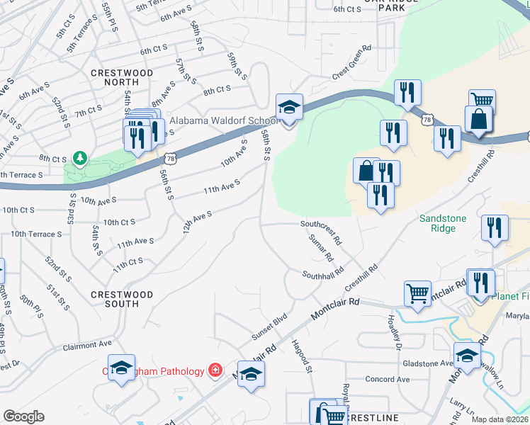 map of restaurants, bars, coffee shops, grocery stores, and more near 1217 58th Street South in Birmingham