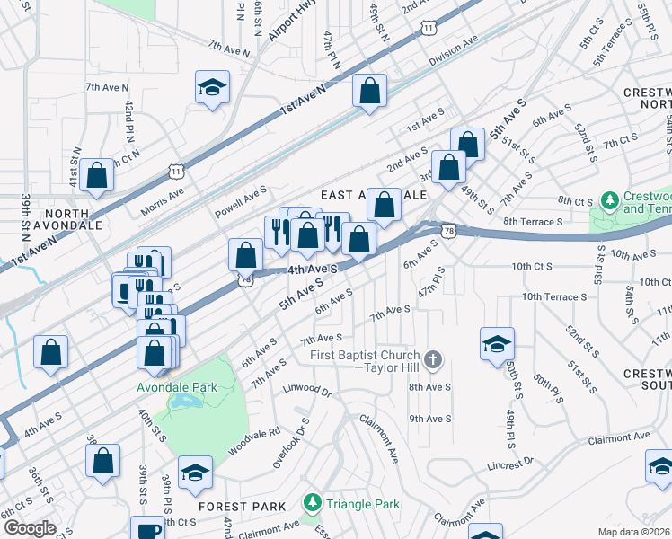 map of restaurants, bars, coffee shops, grocery stores, and more near in Birmingham