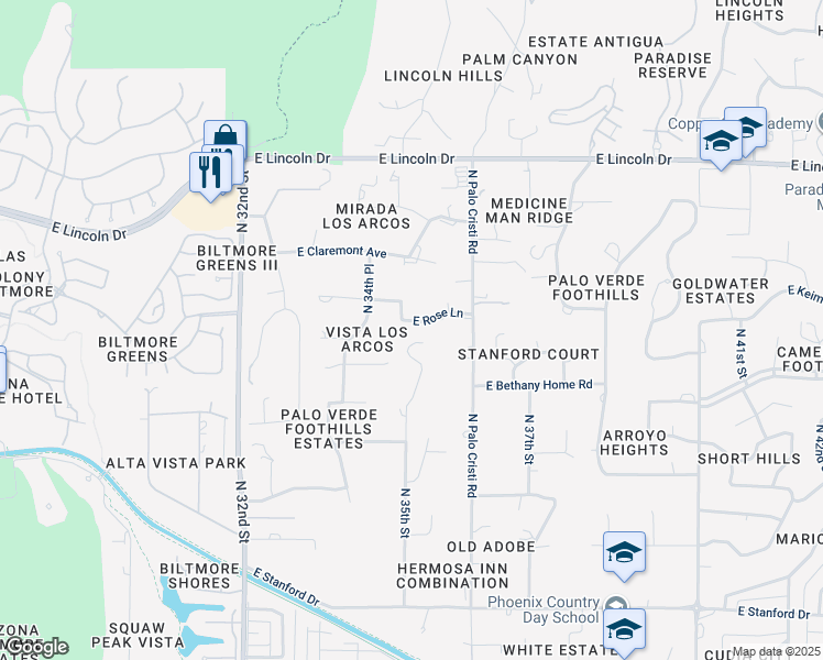 map of restaurants, bars, coffee shops, grocery stores, and more near 3511 East Rose Lane in Paradise Valley