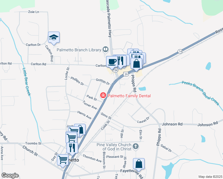 map of restaurants, bars, coffee shops, grocery stores, and more near 643 Roosevelt Highway in Palmetto
