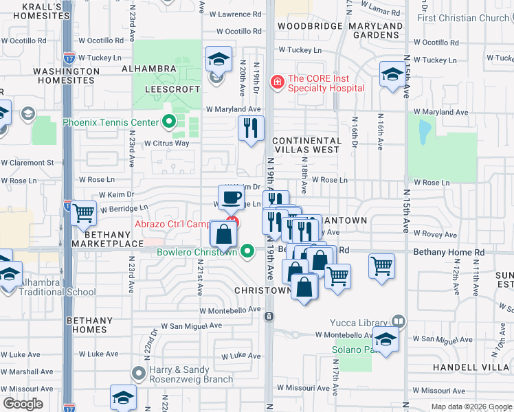 map of restaurants, bars, coffee shops, grocery stores, and more near 1926 West Berridge Lane in Phoenix