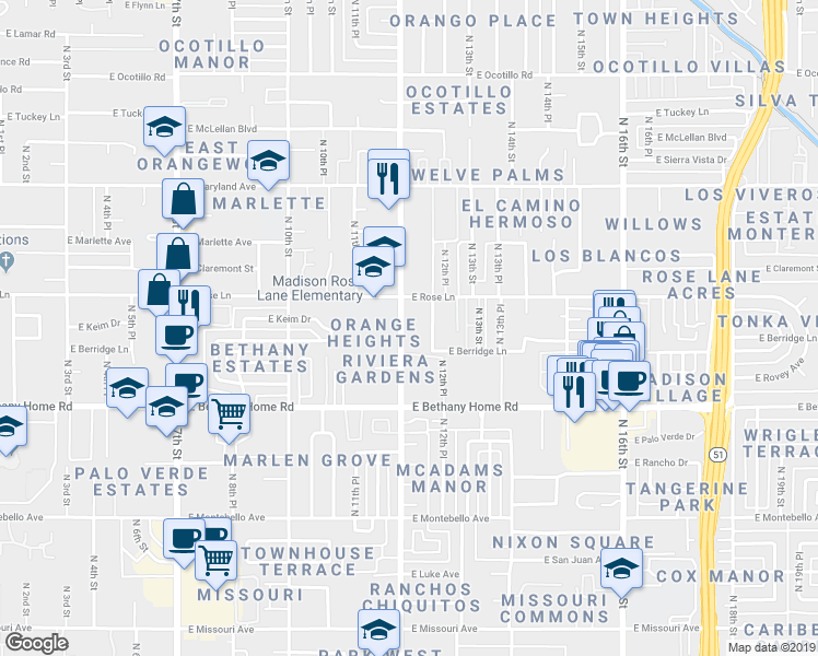 map of restaurants, bars, coffee shops, grocery stores, and more near 6109 North 12th Place in Phoenix