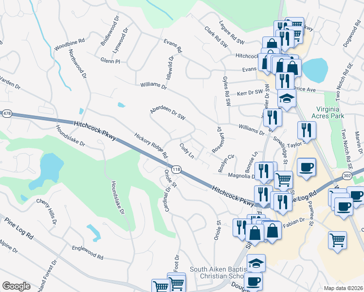 map of restaurants, bars, coffee shops, grocery stores, and more near 205 Cody Lane in Aiken