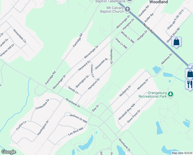map of restaurants, bars, coffee shops, grocery stores, and more near 692 Hampton Drive in Orangeburg