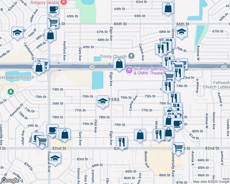 map of restaurants, bars, coffee shops, grocery stores, and more near 2903 74th Place in Lubbock