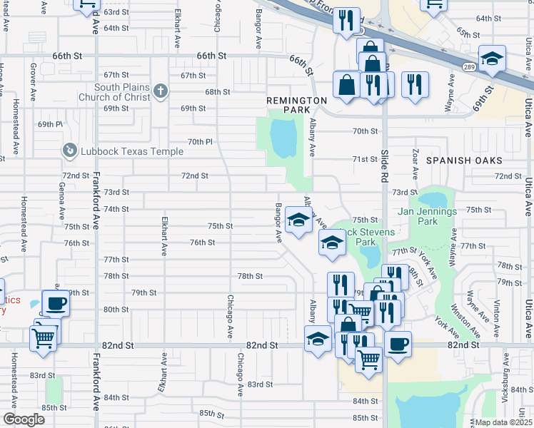 map of restaurants, bars, coffee shops, grocery stores, and more near 5405 74th Street in Lubbock