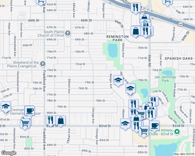 map of restaurants, bars, coffee shops, grocery stores, and more near 5417 74th Street in Lubbock