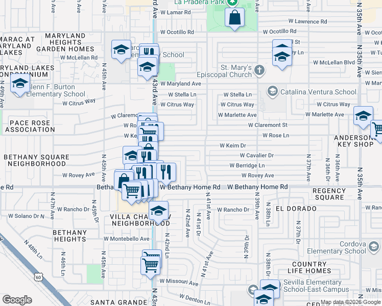 map of restaurants, bars, coffee shops, grocery stores, and more near 4201 West Keim Drive in Phoenix