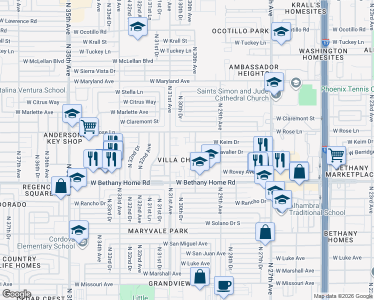 map of restaurants, bars, coffee shops, grocery stores, and more near 6130 North 30th Avenue in Phoenix