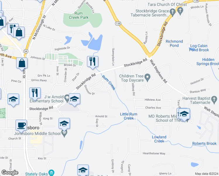 map of restaurants, bars, coffee shops, grocery stores, and more near 8370 Douglass Trail in Jonesboro