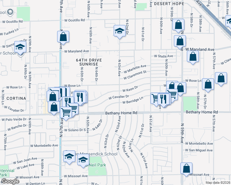 map of restaurants, bars, coffee shops, grocery stores, and more near 6309 West Keim Drive in Glendale