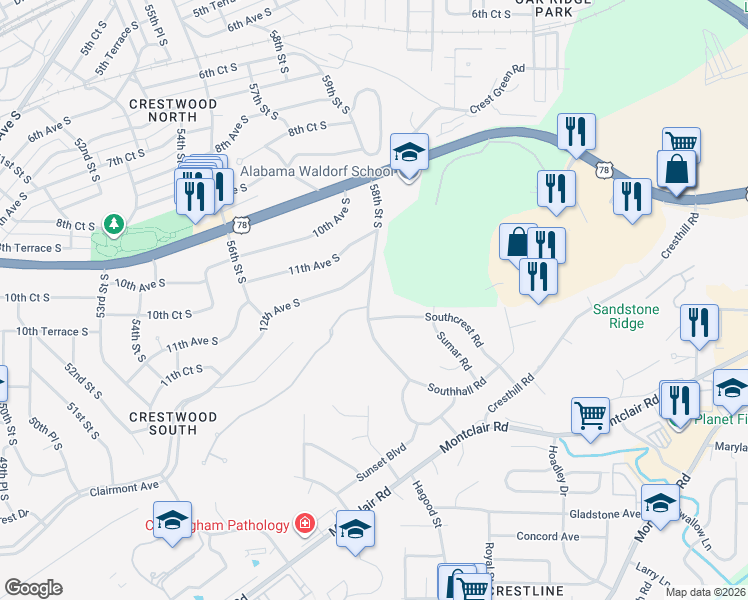 map of restaurants, bars, coffee shops, grocery stores, and more near 1217 58th Street South in Birmingham