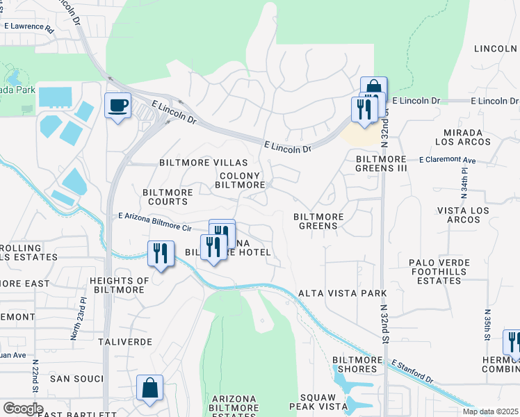 map of restaurants, bars, coffee shops, grocery stores, and more near 6201 North 30th Way in Phoenix