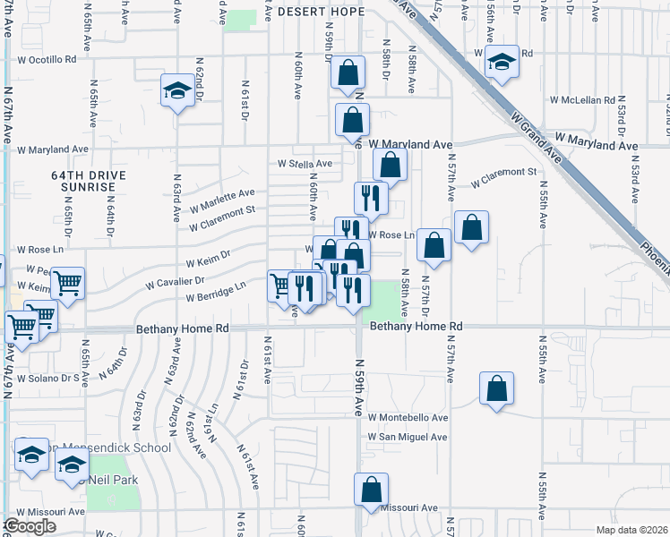 map of restaurants, bars, coffee shops, grocery stores, and more near 5929 West Keim Drive in Glendale