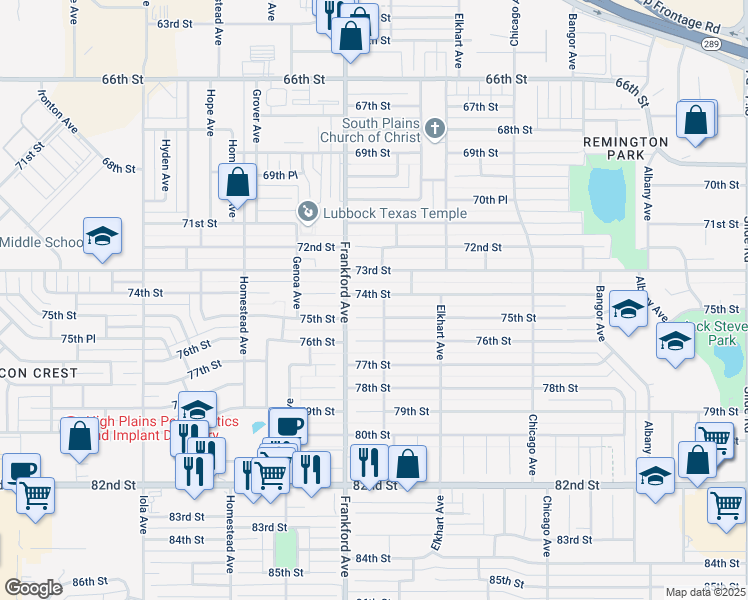 map of restaurants, bars, coffee shops, grocery stores, and more near 5723 74th Street in Lubbock