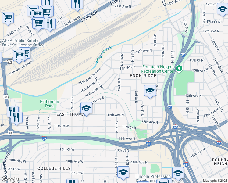 map of restaurants, bars, coffee shops, grocery stores, and more near 1321 1st Street West in Birmingham