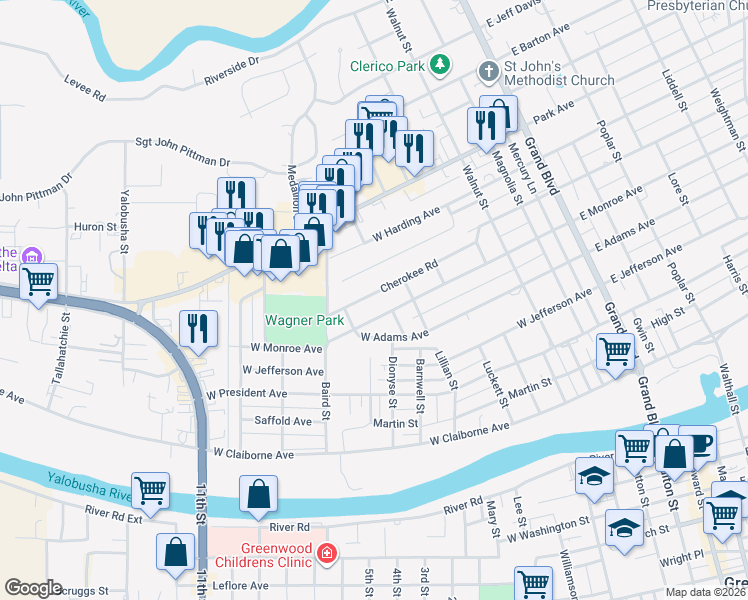 map of restaurants, bars, coffee shops, grocery stores, and more near 613 Cherokee Road in Greenwood