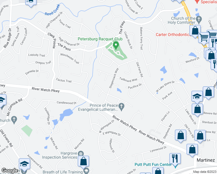 map of restaurants, bars, coffee shops, grocery stores, and more near 320 Stagecoach Way in Martinez