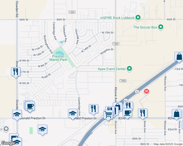map of restaurants, bars, coffee shops, grocery stores, and more near 1107 Preston Trails in Wolfforth