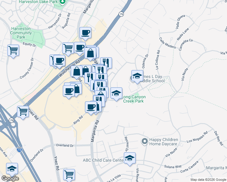 map of restaurants, bars, coffee shops, grocery stores, and more near 27609 Sonora Circle in Temecula