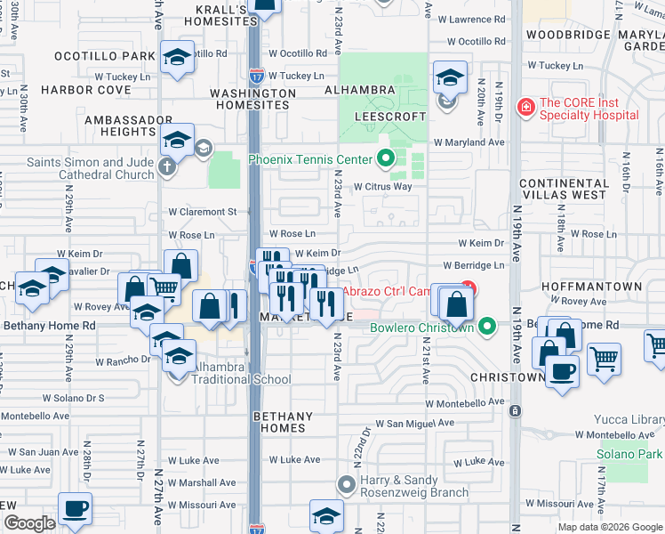 map of restaurants, bars, coffee shops, grocery stores, and more near 2302 West Berridge Lane in Phoenix