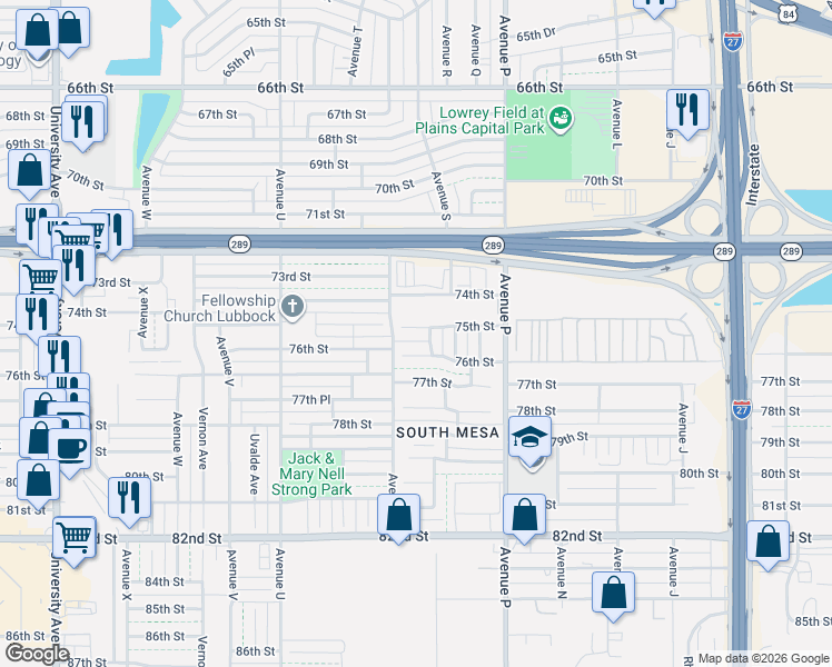map of restaurants, bars, coffee shops, grocery stores, and more near 1801 75th Street in Lubbock