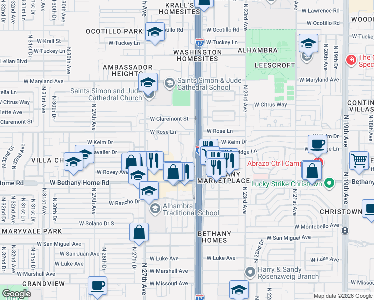 map of restaurants, bars, coffee shops, grocery stores, and more near 6070 North Black Canyon Highway in Phoenix