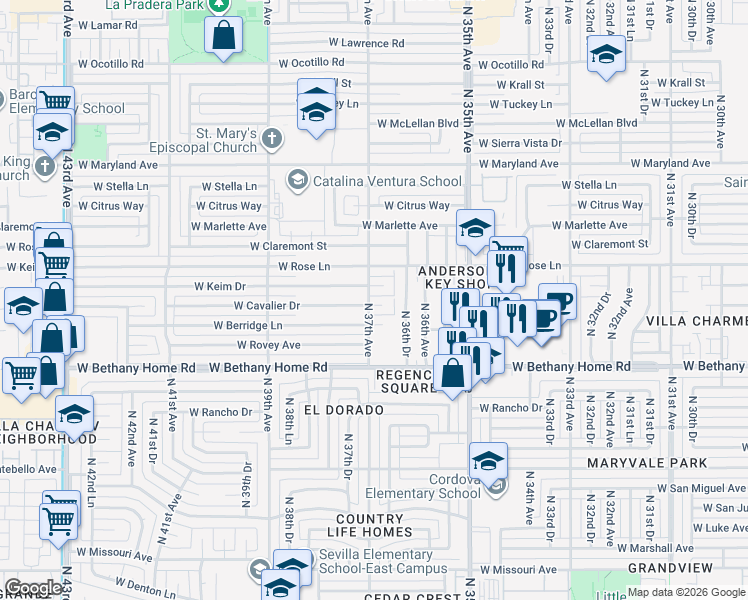 map of restaurants, bars, coffee shops, grocery stores, and more near 3654 West Cavalier Drive in Phoenix