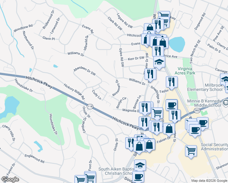 map of restaurants, bars, coffee shops, grocery stores, and more near 3 Rosemary Dr in Aiken