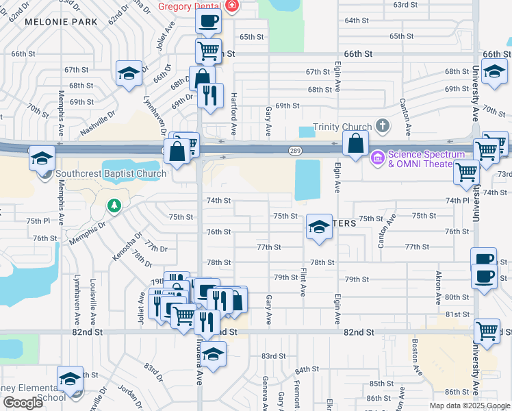 map of restaurants, bars, coffee shops, grocery stores, and more near 3205 74th Street in Lubbock