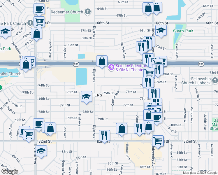 map of restaurants, bars, coffee shops, grocery stores, and more near 2811 74th Place in Lubbock