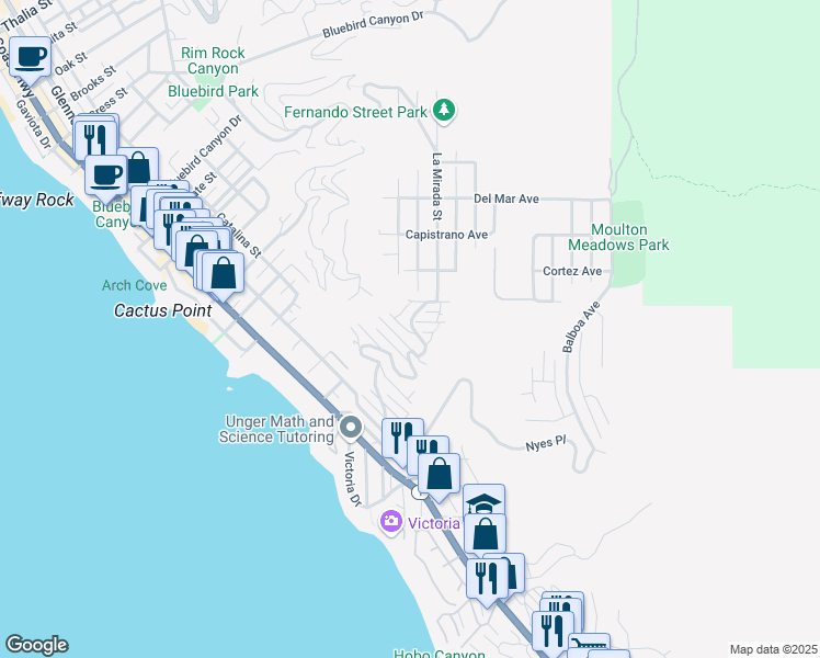 map of restaurants, bars, coffee shops, grocery stores, and more near 2590 Iris Way in Laguna Beach