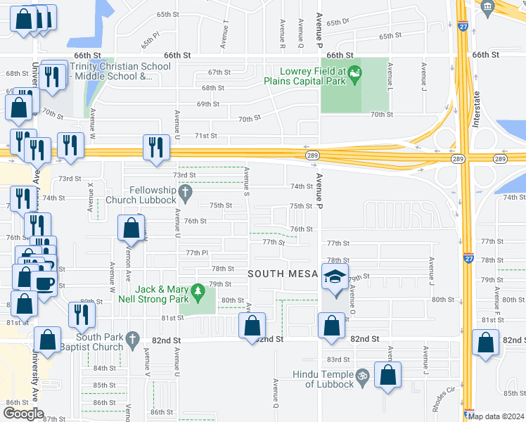 map of restaurants, bars, coffee shops, grocery stores, and more near 1805 75th Street in Lubbock