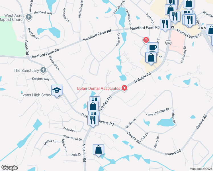 map of restaurants, bars, coffee shops, grocery stores, and more near Walden Glen Lane in Evans