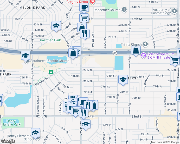map of restaurants, bars, coffee shops, grocery stores, and more near 3303 74th Street in Lubbock