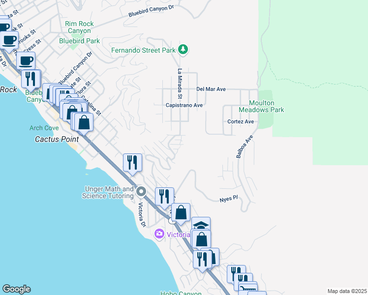 map of restaurants, bars, coffee shops, grocery stores, and more near 2575 Duarte Way in Laguna Beach