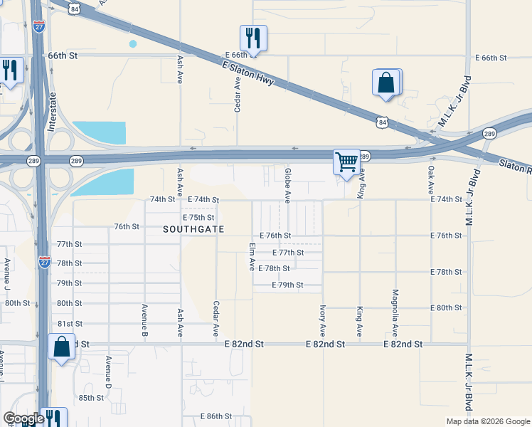 map of restaurants, bars, coffee shops, grocery stores, and more near 7406 Fir Ave in Lubbock