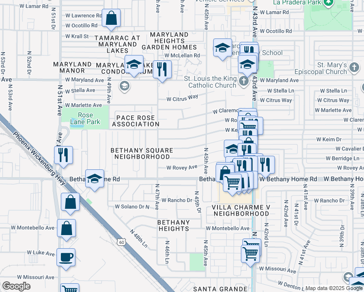 map of restaurants, bars, coffee shops, grocery stores, and more near 4602 West Cavalier Drive in Glendale
