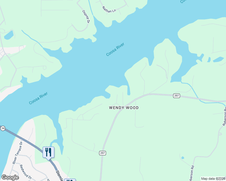 map of restaurants, bars, coffee shops, grocery stores, and more near 176 River Pines Lane in Talladega